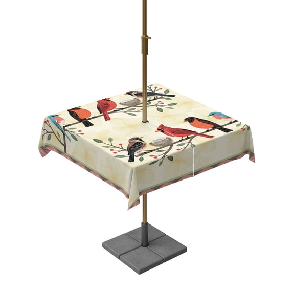 Outdoor Tablecloth with Umbrella Hole for Patio/Picnic/Party/Camping, Rustic Cardinal Bird Waterproof Table Cloth Square Cover Washable, Country Leaves Branches Berries Pink (60"x 60")