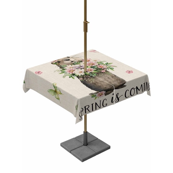 Outdoor Tablecloth with Umbrella Hole for Patio/Picnic/Party/Camping, Rustic Groundhog Waterproof Table Cloth Square Cover Washable, Spring Floral Butterfly Botanical (60"x 60")