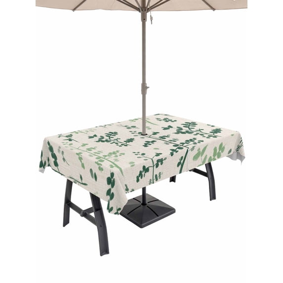 Outdoor Tablecloth with Umbrella Hole for Patio/Picnic/Party/Camping, Sage Green Botanical Waterproof Table Cloth Rectangle Table Cover Washable, Rustic Country Spring Floral Summer Leaf (52"x 70")
