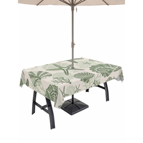 Outdoor Tablecloth with Umbrella Hole for Patio/Picnic/Party/Camping, Sage Green Coastal Summer Waterproof Table Cloth Rectangle Table Cover Washable, Coral Shell Starfish Vintage (60"x 84")