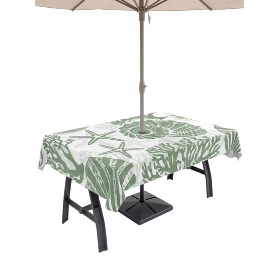 Outdoor Tablecloth with Umbrella Hole for Patio/Picnic/Party/Camping, Sage Green Coastal Waterproof Table Cloth Rectangle Table Cover Washable, Nautical Coral Shell Conch Starfish Summer (60"x 120")