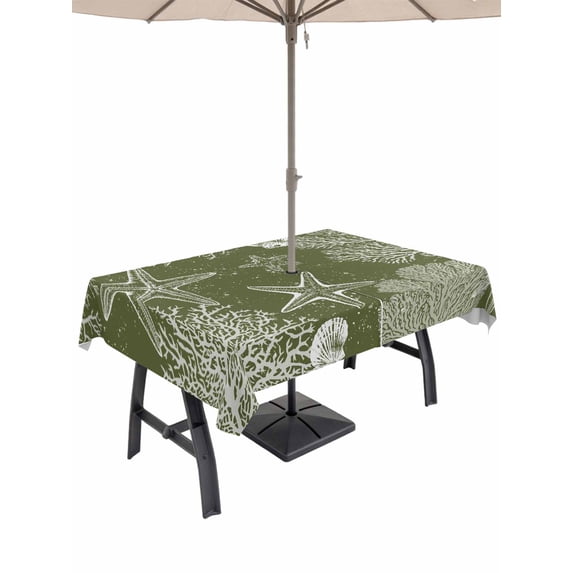 Outdoor Tablecloth with Umbrella Hole for Patio/Picnic/Party/Camping, Sage Green Coastal Waterproof Table Cloth Rectangle Table Cover Washable, Starfish Coral Summer Beach Ocean (60"x 120")
