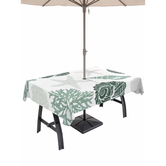 Outdoor Tablecloth with Umbrella Hole for Patio/Picnic/Party/Camping, Sage Green Coastal Waterproof Table Cloth Rectangle Table Cover Washable, Starfish Shell Coral Summer Beach Ocean (60"x 84")