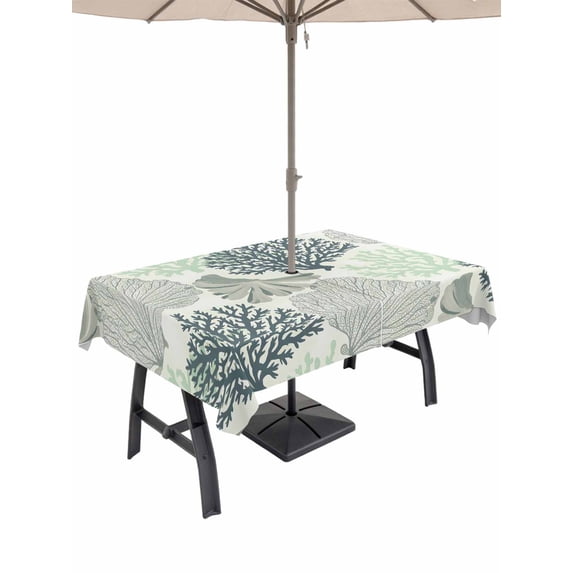 Outdoor Tablecloth with Umbrella Hole for Patio/Picnic/Party/Camping, Sage Green Coastal Waterproof Table Cloth Rectangle Table Cover Washable, Summer Coral Beach Nautical (54"x 80")