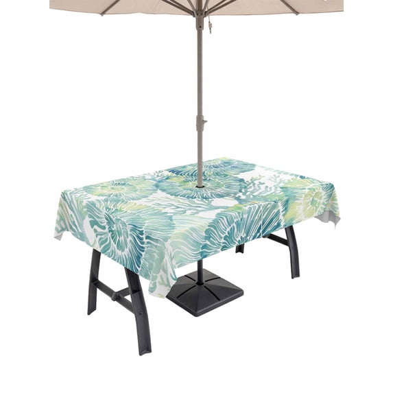 Outdoor Tablecloth with Umbrella Hole for Patio/Picnic/Party/Camping, Sage Green Conch Waterproof Table Cloth Rectangle Table Cover Washable, Coastal Summer Beach Coral (60"x 120")