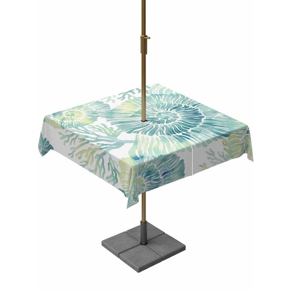 Outdoor Tablecloth with Umbrella Hole for Patio/Picnic/Party/Camping, Sage Green Conch Waterproof Table Cloth Square Cover Washable, Coastal Summer Beach Coral (54"x 54")