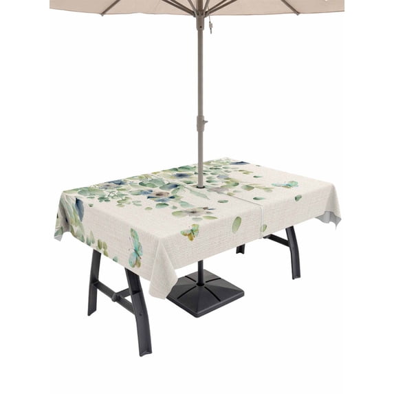 Outdoor Tablecloth with Umbrella Hole for Patio/Picnic/Party/Camping, Sage Green Eucalyptus Waterproof Table Cloth Rectangle Table Cover Washable, Weeping Botanical Leaves Linen (60"x 102")
