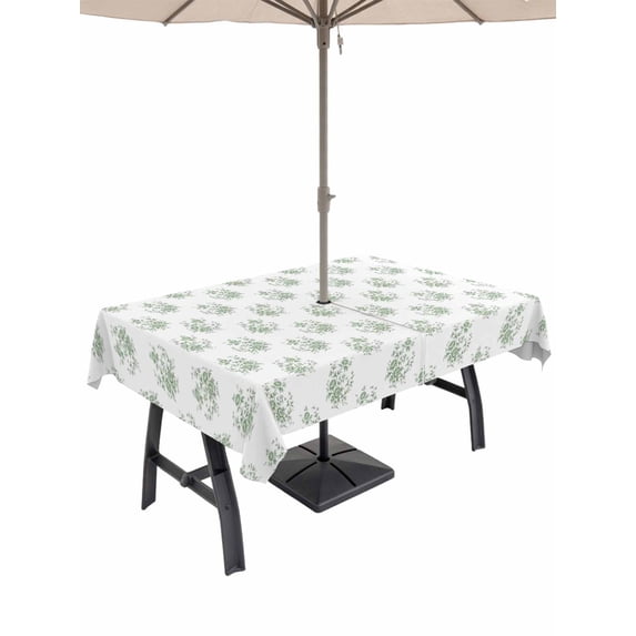 Outdoor Tablecloth with Umbrella Hole for Patio/Picnic/Party/Camping, Sage Green Floral Waterproof Table Cloth Rectangle Table Cover Washable, Rustic Leaves Flowers Country Botantical (54"x 80")