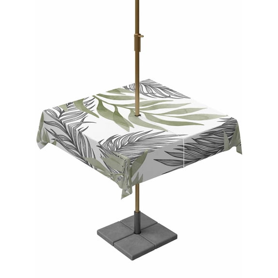 Outdoor Tablecloth with Umbrella Hole for Patio/Picnic/Party/Camping, Sage Green Leaves Waterproof Table Cloth Square Cover Washable, Willow Leaf Country Botanical Branches (60"x 60")