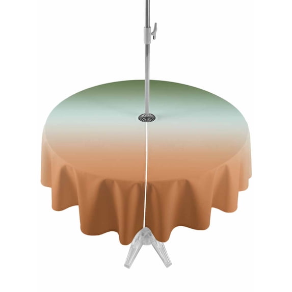 Outdoor Tablecloth with Umbrella Hole for Patio/Picnic/Party/Camping, Sage Green Orange Ombre Waterproof Table Cloth Round Cover Washable, Contemporary Abstract Gradient (Dia 54")
