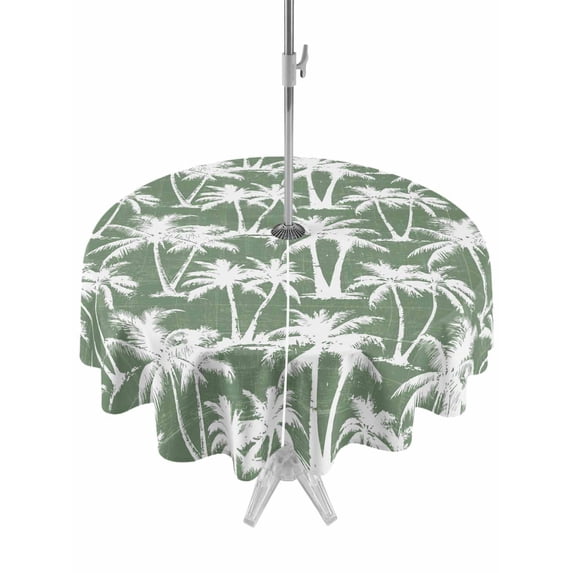 Outdoor Tablecloth with Umbrella Hole for Patio/Picnic/Party/Camping, Sage Green Palm Tree Summer Waterproof Table Cloth Round Cover Washable, Beach Tropical Coastal (Dia 54")