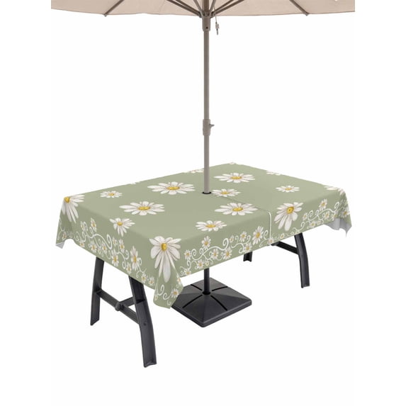 Outdoor Tablecloth with Umbrella Hole for Patio/Picnic/Party/Camping, Sage Green Spring Floral Waterproof Table Cloth Rectangle Table Cover Washable, Daisy Flowers Elegant Farmhouse Art (60"x 84")