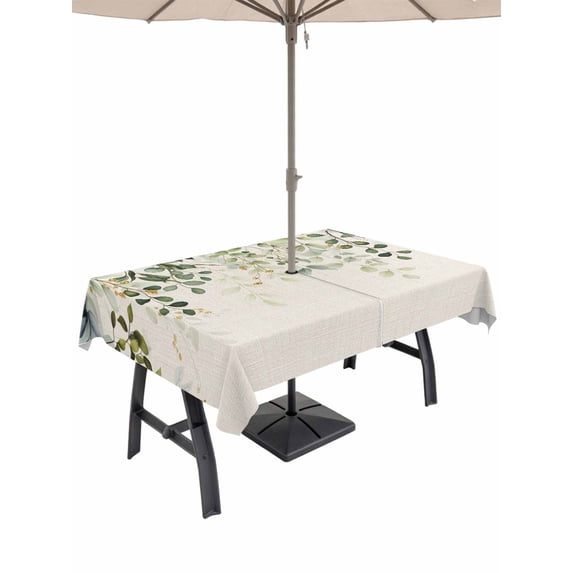 Outdoor Tablecloth with Umbrella Hole for Patio/Picnic/Party/Camping, Sage Green Waterproof Table Cloth Rectangle Table Cover Washable, Eucalyptus Leaves (60"x 84")