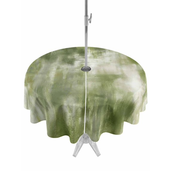 Outdoor Tablecloth with Umbrella Hole for Patio/Picnic/Party/Camping, Sage Green Waterproof Table Cloth Round Cover Washable, Modern Abstract Minimalist Aesthetic Art (Dia 54")