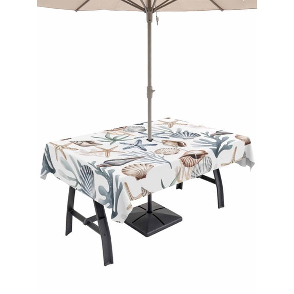 Outdoor Tablecloth with Umbrella Hole for Patio/Picnic/Party/Camping, Sea Coral Shells Starfish Waterproof Table Cloth Rectangle Table Cover Washable, Summer Nautical Coastal Watercolor (60"x 84")
