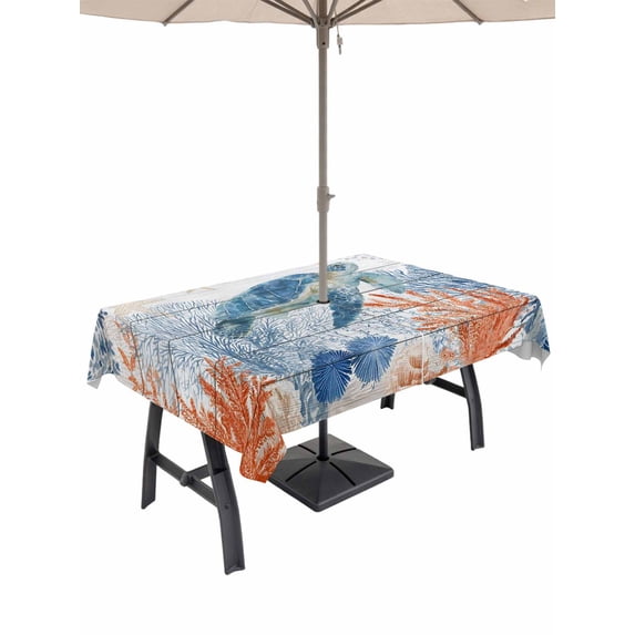 Outdoor Tablecloth with Umbrella Hole for Patio/Picnic/Party/Camping, Sea Turtle Coastal Waterproof Table Cloth Rectangle Table Cover Washable, Blue Red Summer Beach Coral Nautical Wood (60"x 84")
