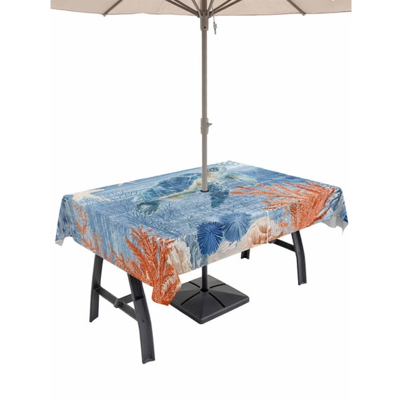 Outdoor Tablecloth with Umbrella Hole for Patio/Picnic/Party/Camping, Sea Turtle Coastal Waterproof Table Cloth Rectangle Table Cover Washable, Summer Beach Coral Nautical Retro (60"x 102")