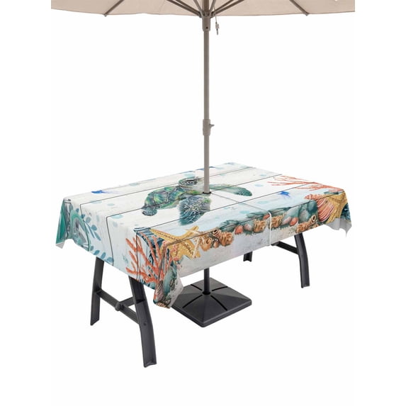 Outdoor Tablecloth with Umbrella Hole for Patio/Picnic/Party/Camping, Sea Turtle Coastal Waterproof Table Cloth Rectangle Table Cover Washable, Summer Nautical Starfish Coral Grey Wooden (60"x 102")