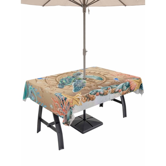 Outdoor Tablecloth with Umbrella Hole for Patio/Picnic/Party/Camping, Sea Turtle Coastal Waterproof Table Cloth Rectangle Table Cover Washable, Summer Nautical Starfish Coral Brown Anchor (60"x 120")