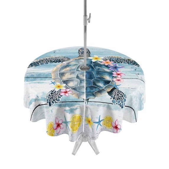 Outdoor Tablecloth with Umbrella Hole for Patio/Picnic/Party/Camping, Sea Turtle Coastal Waterproof Table Cloth Round Cover Washable, Floral Starfish Blue Vintage Wooden (Dia 54")