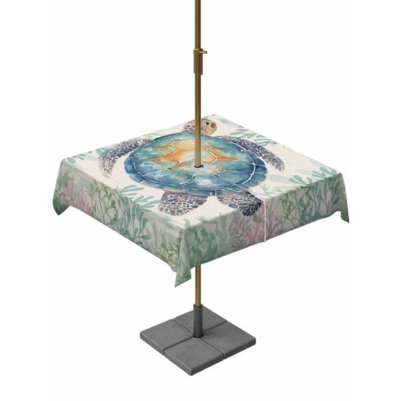 Outdoor Tablecloth with Umbrella Hole for Patio/Picnic/Party/Camping, Sea Turtle Coastal Waterproof Table Cloth Square Cover Washable, Blue Green Summer Beach Coral Ocean (60"x 60")