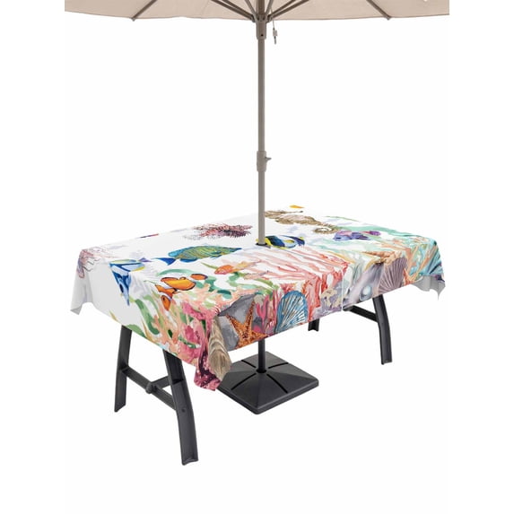 Outdoor Tablecloth with Umbrella Hole for Patio/Picnic/Party/Camping, Seahorse Coastal Waterproof Table Cloth Rectangle Table Cover Washable, Nautical Ocean Summer Beach Coral Shell Sea (60"x 84")