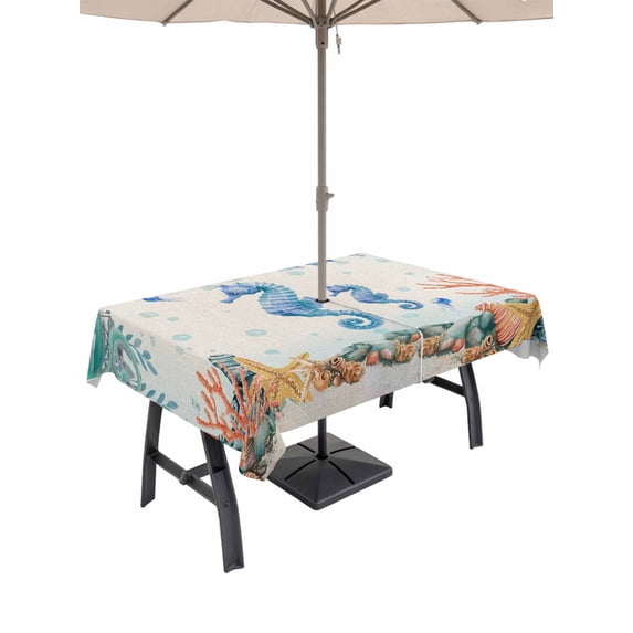 Outdoor Tablecloth with Umbrella Hole for Patio/Picnic/Party/Camping, Seahorse Coastal Waterproof Table Cloth Rectangle Table Cover Washable, Summer Nautical Starfish Coral Beige (60"x 102")
