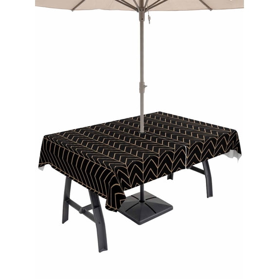 Outdoor Tablecloth with Umbrella Hole for Patio/Picnic/Party/Camping, Simple Line Black Waterproof Table Cloth Rectangle Table Cover Washable, Black Modern Art Geometric (54"x 80")