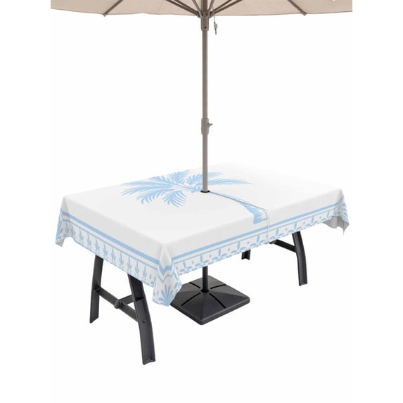 Outdoor Tablecloth with Umbrella Hole for Patio/Picnic/Party/Camping, Sky Blue Palm Tree Waterproof Table Cloth Rectangle Table Cover Washable, Summer Tropical Plants Leaves (60"x 120")