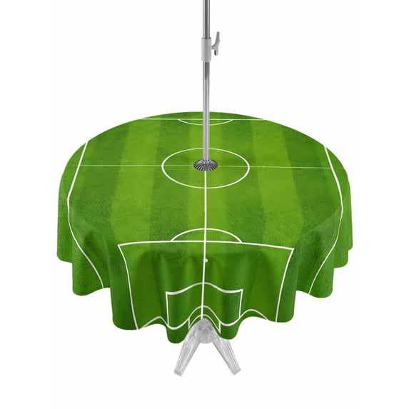 Outdoor Tablecloth with Umbrella Hole for Patio/Picnic/Party/Camping, Soccer Field Waterproof Table Cloth Round Cover Washable, Green Birdseye View Athletic Sporty (Dia 60")