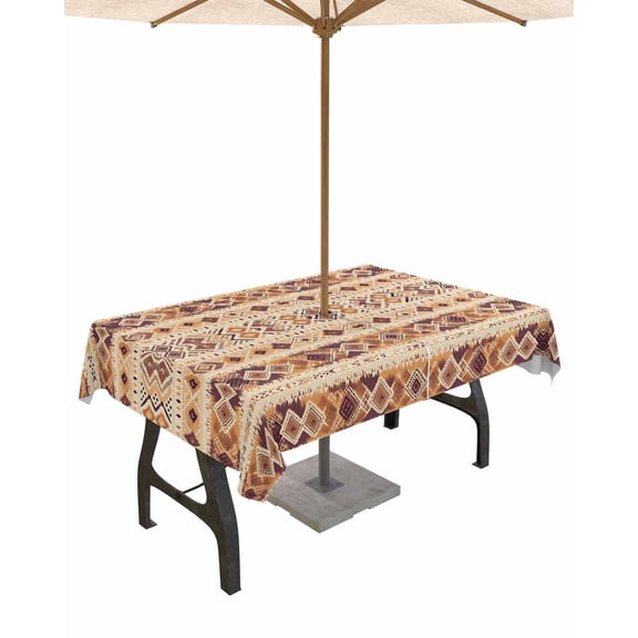Outdoor Tablecloth with Umbrella Hole for Patio/Picnic/Party/Camping, Southwest Brown, Waterproof Table Cloth Rectangle Table Cover Washable, Geometric Oriental Gradual Boho Tribal 60"x 102"