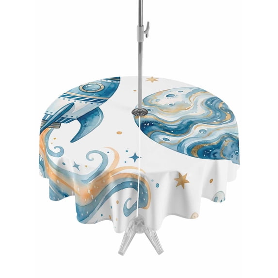 Outdoor Tablecloth with Umbrella Hole for Patio/Picnic/Party/Camping, Space Rocket Waterproof Table Cloth Round Cover Washable, Modena Abstract Universe Stars Planet (Dia 54")