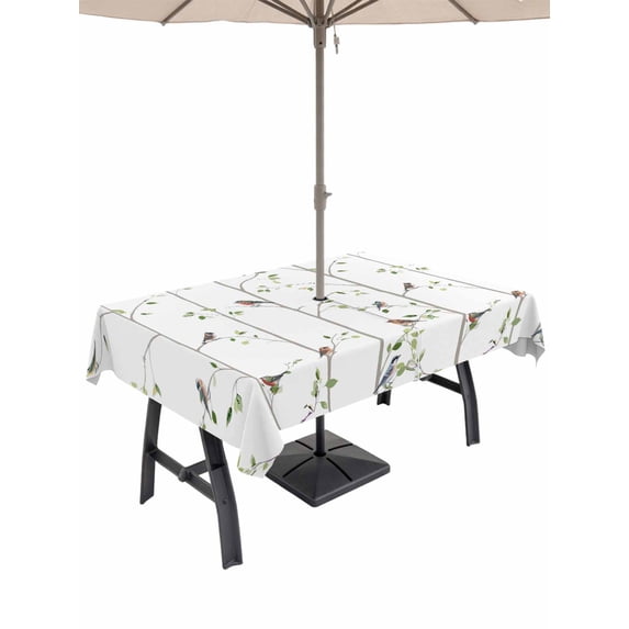Outdoor Tablecloth with Umbrella Hole for Patio/Picnic/Party/Camping, Sparrow Waterproof Table Cloth Rectangle Table Cover Washable, Spring Birds on The Branches Vintage Country (54"x 80")