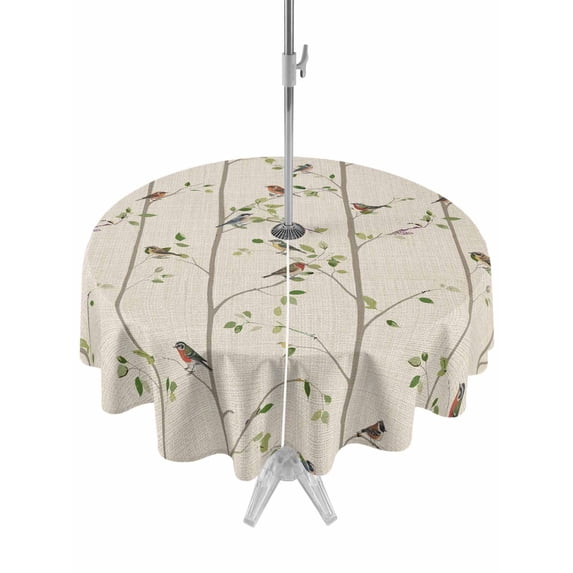 Outdoor Tablecloth with Umbrella Hole for Patio/Picnic/Party/Camping, Sparrow Waterproof Table Cloth Round Cover Washable, Spring Birds on The Branches Retro Country Beige (Dia 60")