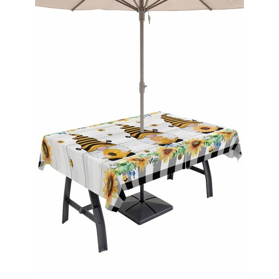 Outdoor Tablecloth with Umbrella Hole for Patio/Picnic/Party/Camping, Spring Bee Gnomes Waterproof Table Cloth Rectangle Table Cover Washable, Sunflowers Black Plaid Grey Wooden (60"x 84")