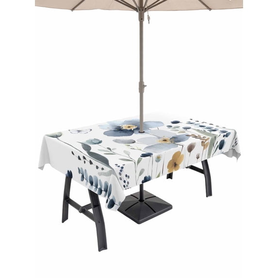 Outdoor Tablecloth with Umbrella Hole for Patio/Picnic/Party/Camping, Spring Blue Floral Waterproof Table Cloth Rectangle Table Cover Washable, Country Garden Wildflowers Botanical (52"x 70")