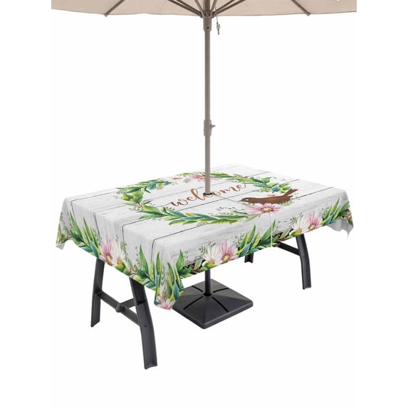 Outdoor Tablecloth with Umbrella Hole for Patio/Picnic/Party/Camping, Spring Botanical Waterproof Table Cloth Rectangle Table Cover Washable, Garden Birds Floral Leaves Gray Woodn (60"x 84")