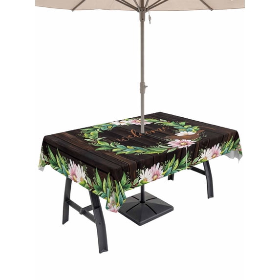 Outdoor Tablecloth with Umbrella Hole for Patio/Picnic/Party/Camping, Spring Botanical Waterproof Table Cloth Rectangle Table Cover Washable, Garden Birds Floral Leaves Brown Wood (52"x 70")