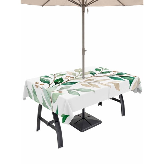 Outdoor Tablecloth with Umbrella Hole for Patio/Picnic/Party/Camping, Spring Botanical Waterproof Table Cloth Rectangle Table Cover Washable, Pastoral Leaves Berry Summer Branch (60"x 102")