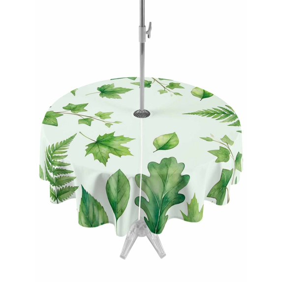 Outdoor Tablecloth with Umbrella Hole for Patio/Picnic/Party/Camping, Spring Botanical Waterproof Table Cloth Round Cover Washable, Green Ivy Ferns Oak Leaves Light Blue (Dia 60")