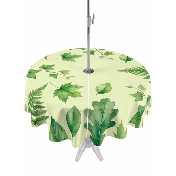 Outdoor Tablecloth with Umbrella Hole for Patio/Picnic/Party/Camping, Spring Botanical Waterproof Table Cloth Round Cover Washable, Green Ivy Ferns Oak Leaves Yellow (Dia 54")