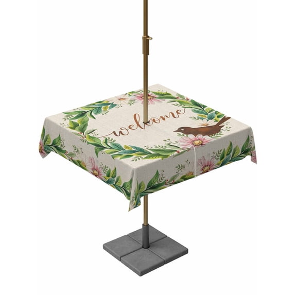 Outdoor Tablecloth with Umbrella Hole for Patio/Picnic/Party/Camping, Spring Botanical Waterproof Table Cloth Square Cover Washable, Garden Birds Floral Leaves Rustic Burlap (54"x 54")