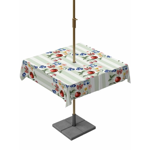 Outdoor Tablecloth with Umbrella Hole for Patio/Picnic/Party/Camping, Spring Botanical Waterproof Table Cloth Square Cover Washable, Sage Green Striped Fruits Floral (60"x 60")