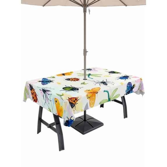 Outdoor Tablecloth with Umbrella Hole for Patio/Picnic/Party/Camping, Spring Butterfly Dragonfly Waterproof Table Cloth Rectangle Table Cover Washable, Botanical Floral Colorful (60"x 84")