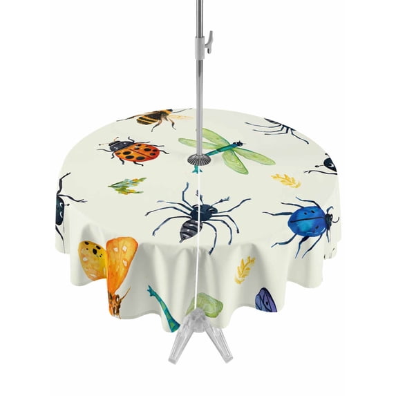 Outdoor Tablecloth with Umbrella Hole for Patio/Picnic/Party/Camping, Spring Butterfly Dragonfly Waterproof Table Cloth Round Cover Washable, Beige Botanical Floral Rustic (Dia 54")