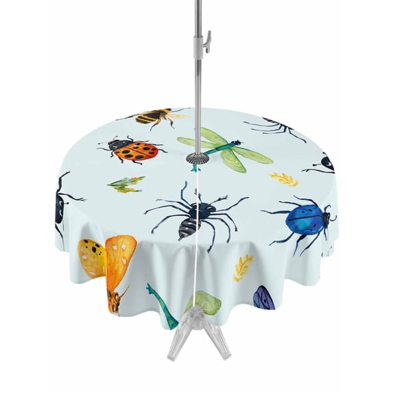 Outdoor Tablecloth with Umbrella Hole for Patio/Picnic/Party/Camping, Spring Butterfly Dragonfly Waterproof Table Cloth Round Cover Washable, Rustic Botanical Floral Teal Green (Dia 54")