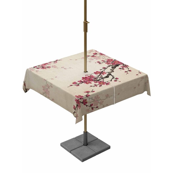 Outdoor Tablecloth with Umbrella Hole for Patio/Picnic/Party/Camping, Spring Cherry Waterproof Table Cloth Square Cover Washable, Vintage Red Flowers Branches Ink Painting Beige (54"x 54")