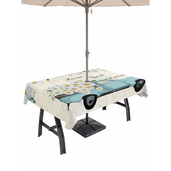 Outdoor Tablecloth with Umbrella Hole for Patio/Picnic/Party/Camping, Spring Daisy Waterproof Table Cloth Rectangle Table Cover Washable, White Flowers Blue Country Car Rustic Botanical (60"x 84")