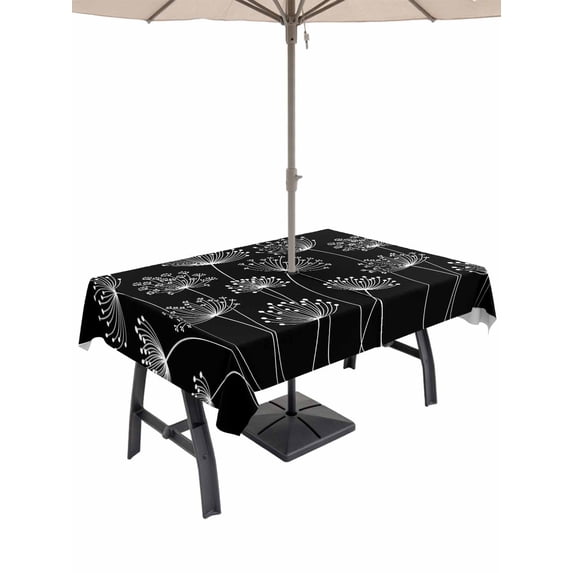Outdoor Tablecloth with Umbrella Hole for Patio/Picnic/Party/Camping, Spring Dandelion Waterproof Table Cloth Rectangle Table Cover Washable, Modern Country Flower Black White (52"x 70")