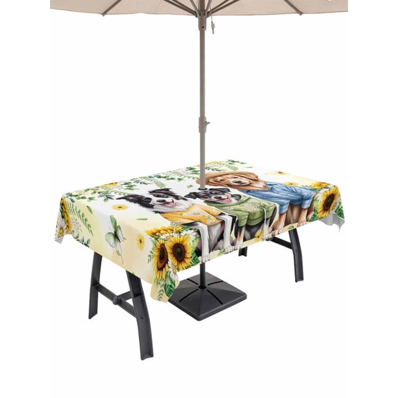 Outdoor Tablecloth with Umbrella Hole for Patio/Picnic/Party/Camping, Spring Dog Waterproof Table Cloth Rectangle Table Cover Washable, Sunflower Daisy Botanical Yellow Ombre (60"x 120")